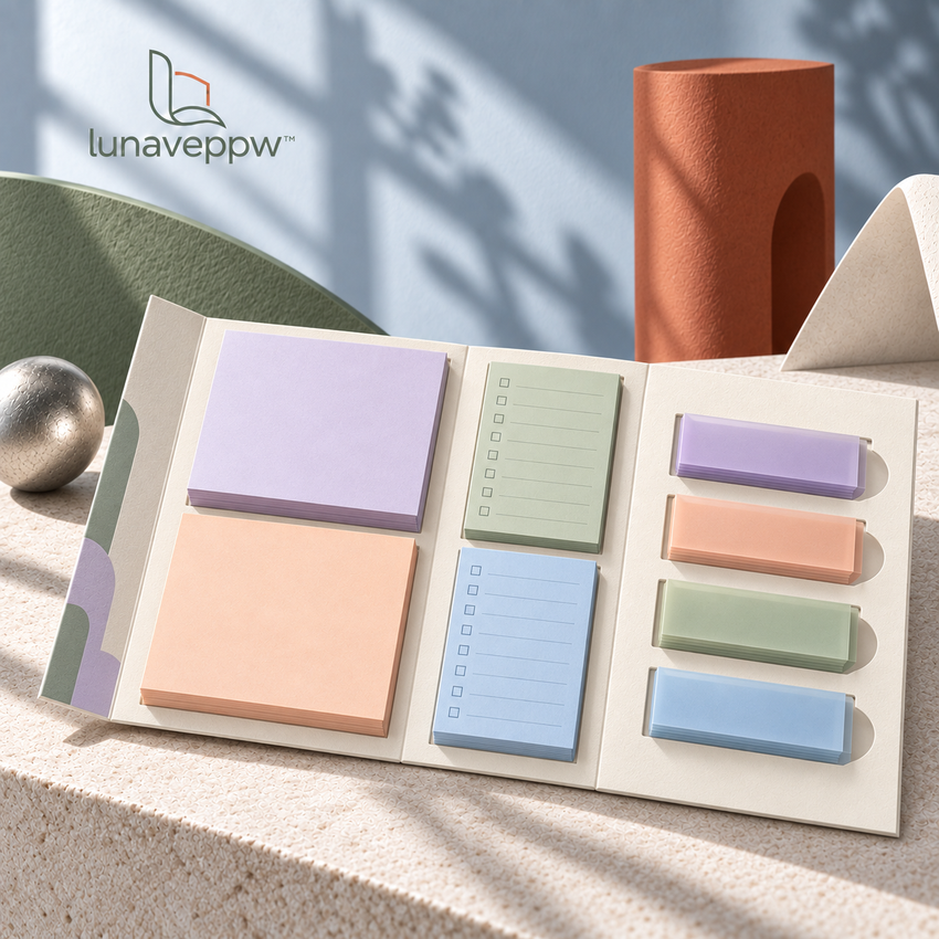lunaveppw™ Margin Studio Sticky Notes & Page Flags Set — 500-Piece Annotation Kit, Pastel Memo Pads, Writable Book Tabs & Foldout Holder for Reading, Study and Office