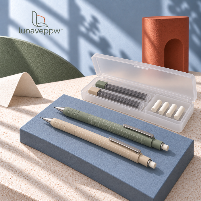 lunaveppw™ Field Notes Mechanical Pencil Kit — 0.5 mm & 0.7 mm Refillable Pencils with HB Lead, Eraser Refills & Case for Writing, Math and Sketching
