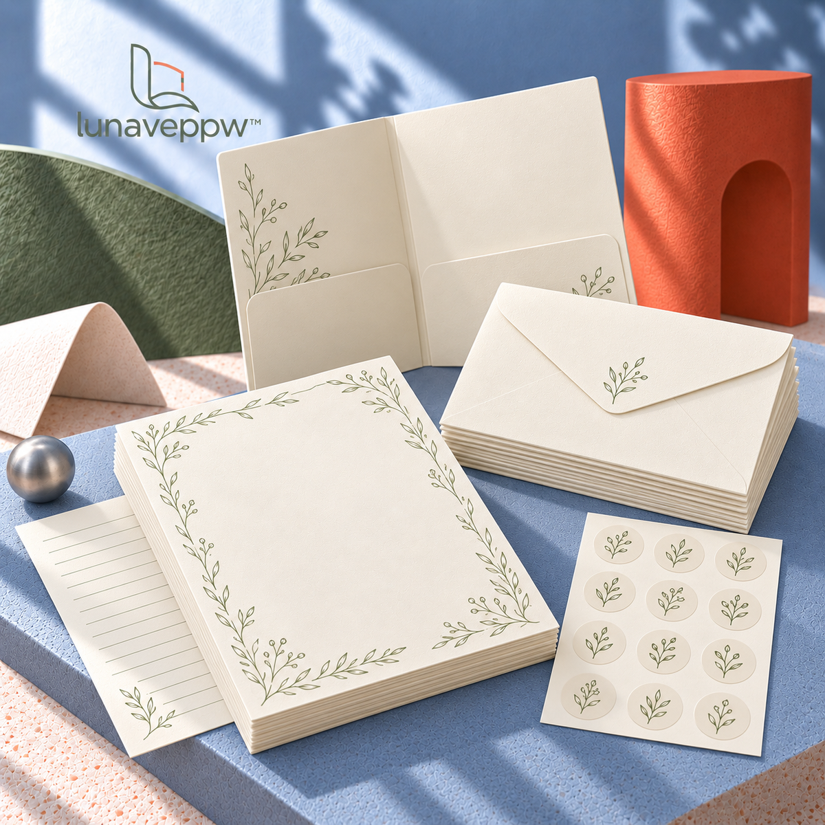 lunaveppw™ Line Garden Letter Writing Stationery Set — 24 Writing Sheets, 12 Matching Envelopes and Seal Stickers for Personal Letters, Pen Pals and Thoughtful Notes