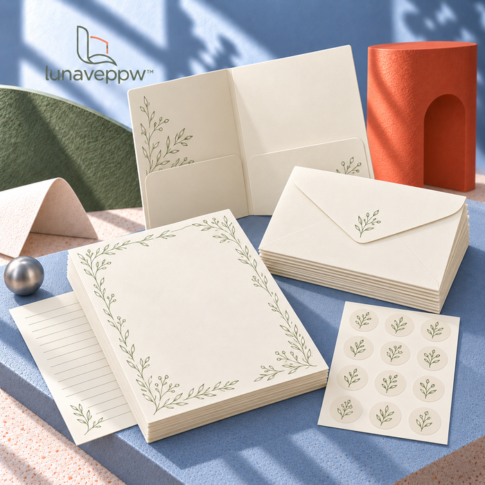 lunaveppw™ Line Garden Letter Writing Stationery Set — 24 Writing Sheets, 12 Matching Envelopes and Seal Stickers for Personal Letters, Pen Pals and Thoughtful Notes
