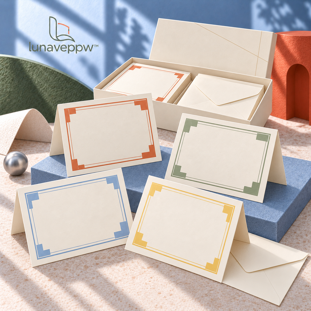 lunaveppw™ Color Frame Blank Note Cards & Envelopes — 24-Card Boxed Stationery Set, Abstract Border Designs for Thank-You Notes, Gift Messages and Everyday Correspondence